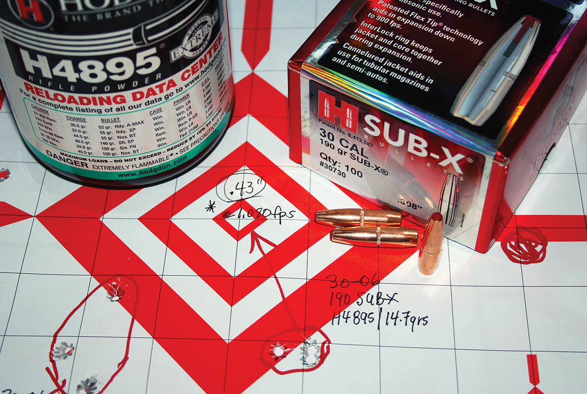 The Hornady 190-grain SUB-X hit the subsonic mark from the 30-06 Springfield using 14.7 grains of Hodgdon 4895, while also producing excellent accuracy at 100 yards. That group measured .43 inch center to center and was sent at an ideal 1,080 fps.